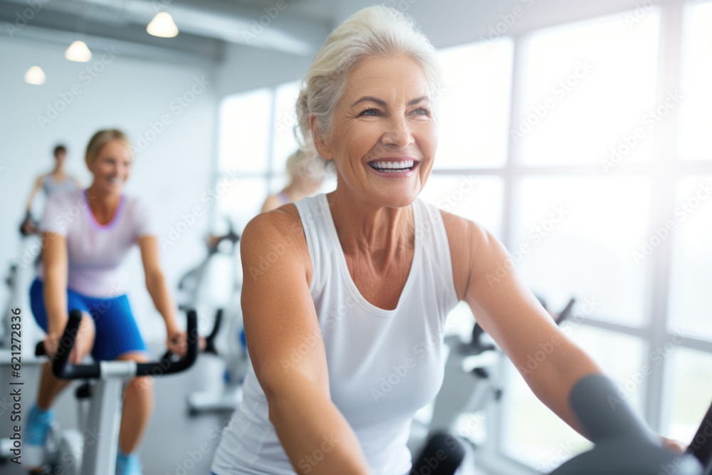 Smiling happy healthy fit slim senior woman with grey hair practising indoors sport with group of people on an exercise bike in gym. Smiling happy healthy fit slim senior woman with grey hair practising indoors sport with group of people on an exercise bike in gym.