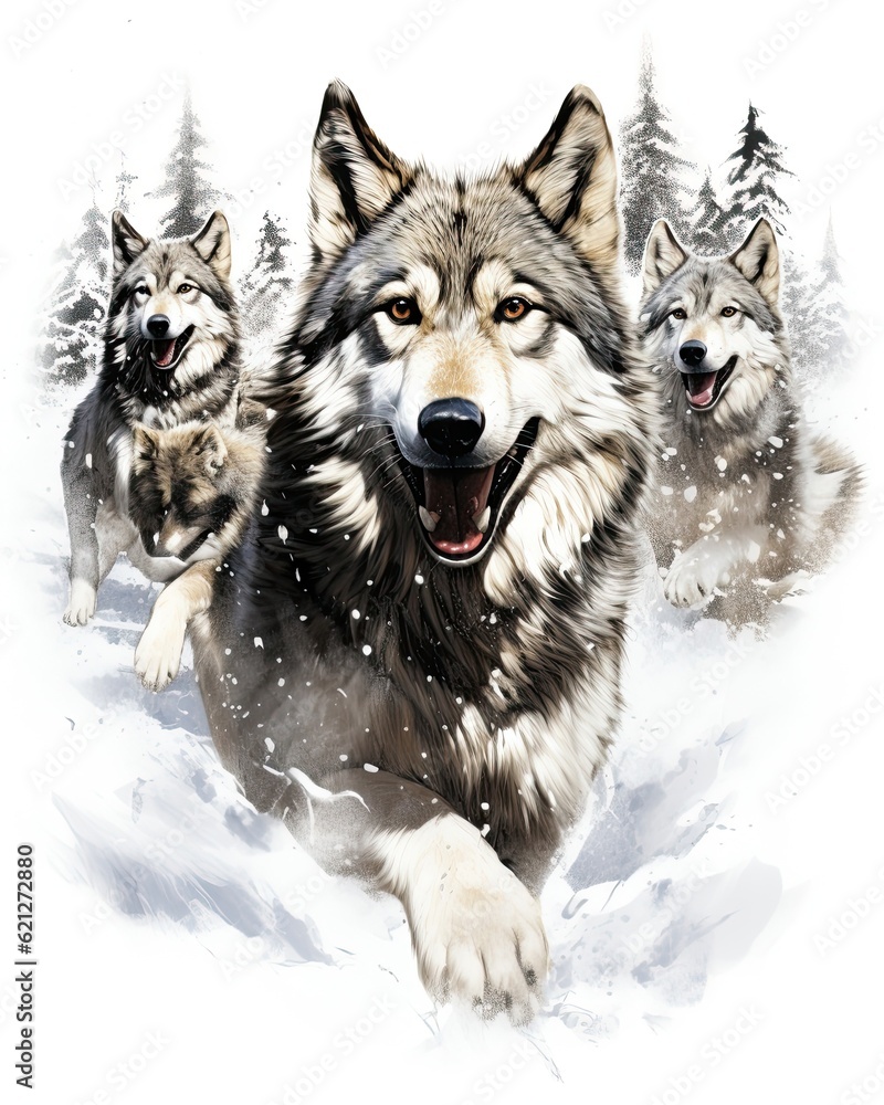 In the wild, a pack of wolves sprinting through snow. (Illustration, Generative AI) In the wild, a pack of wolves sprinting through snow. (Illustration, Generative AI)