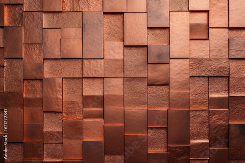 Copper mosaic background. Bronze random wall decoration. Cubic backdrop. Geometric illustration of glossy square shapes. Architectural abstraction. Created with generative Ai © Scovad