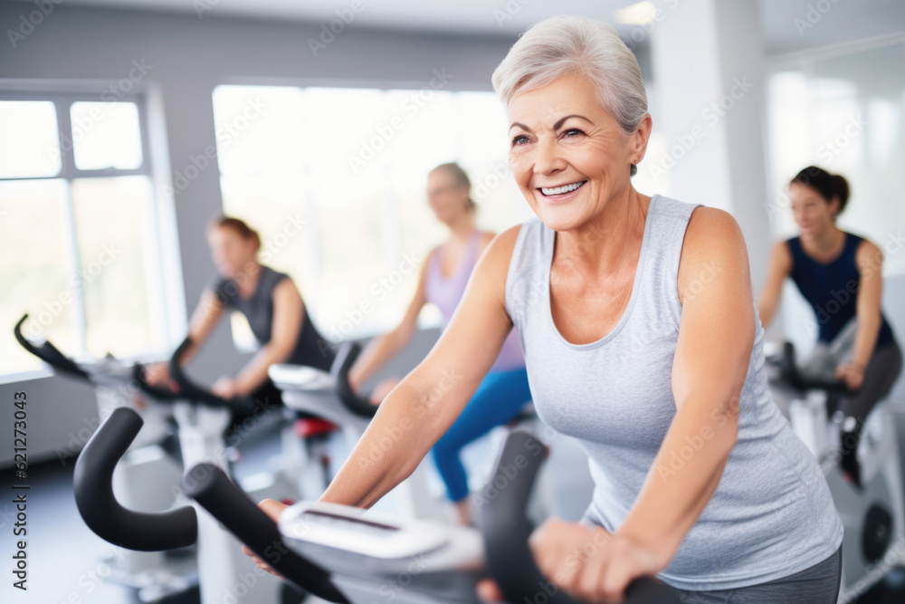Smiling happy healthy fit slim senior woman with grey hair practising indoors sport with group of people on an exercise bike in gym. Smiling happy healthy fit slim senior woman with grey hair practising indoors sport with group of people on an exercise bike in gym.