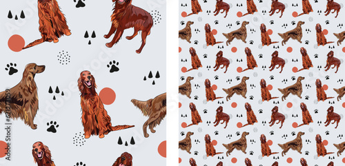Seamless Irish setter dog pattern, holiday texture. Square format, t-shirt, poster, packaging, textile, socks, textile, fabric, decoration, wrapping paper. Trendy hand-drawn dogs wallpaper, abstract. 