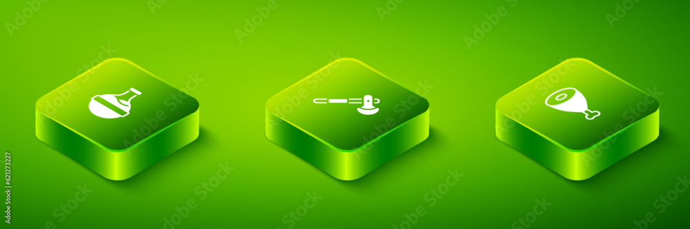 Set Isometric Wooden axe, Chicken leg and Bottle with potion icon. Vector Set Isometric Wooden axe, Chicken leg and Bottle with potion icon. Vector