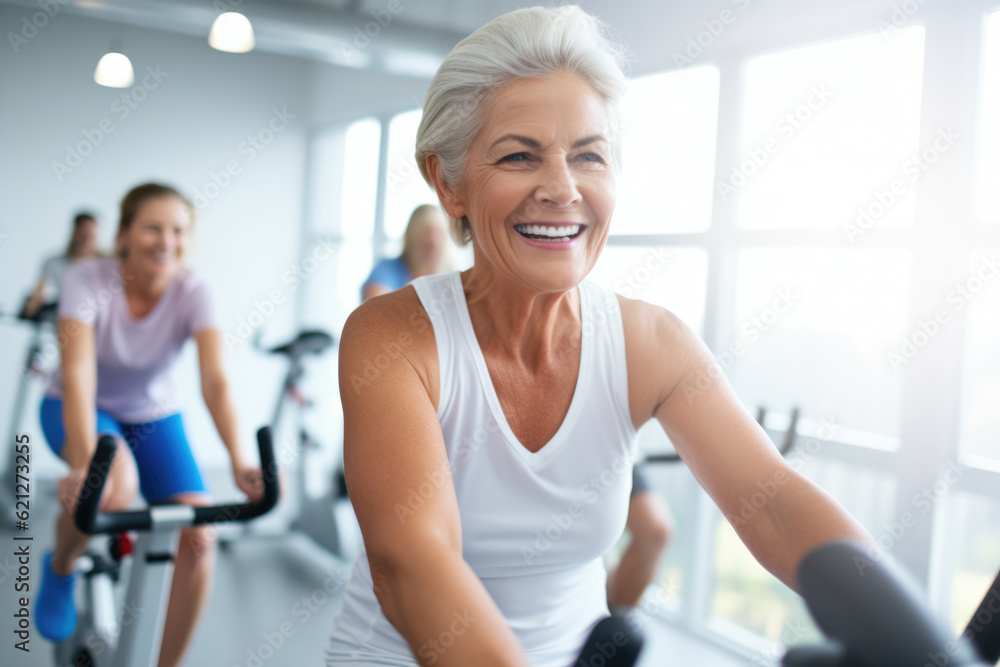 Smiling happy healthy fit slim senior woman with grey hair practising indoors sport with group of people on an exercise bike in gym.