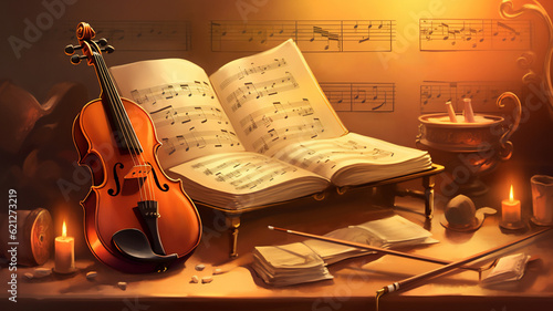 Violin and sheet music score book background with an abstract vintage retro texture which is a musical instrument used for classical music, computer Generative AI stock illustration image