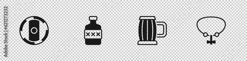 Set Shield viking, Whiskey bottle, Wooden beer mug and Necklace with gem icon. Vector