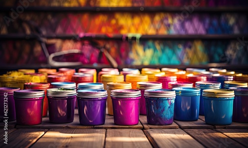 Many colorfyl paint cans sitting on a table © Photo And Art Panda