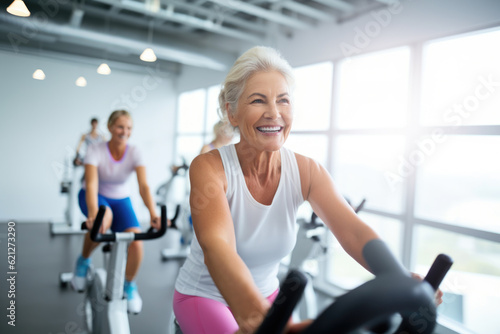 Canvas Print Smiling happy healthy fit slim senior woman with grey hair practising indoors sport with group of people on an exercise bike in gym
