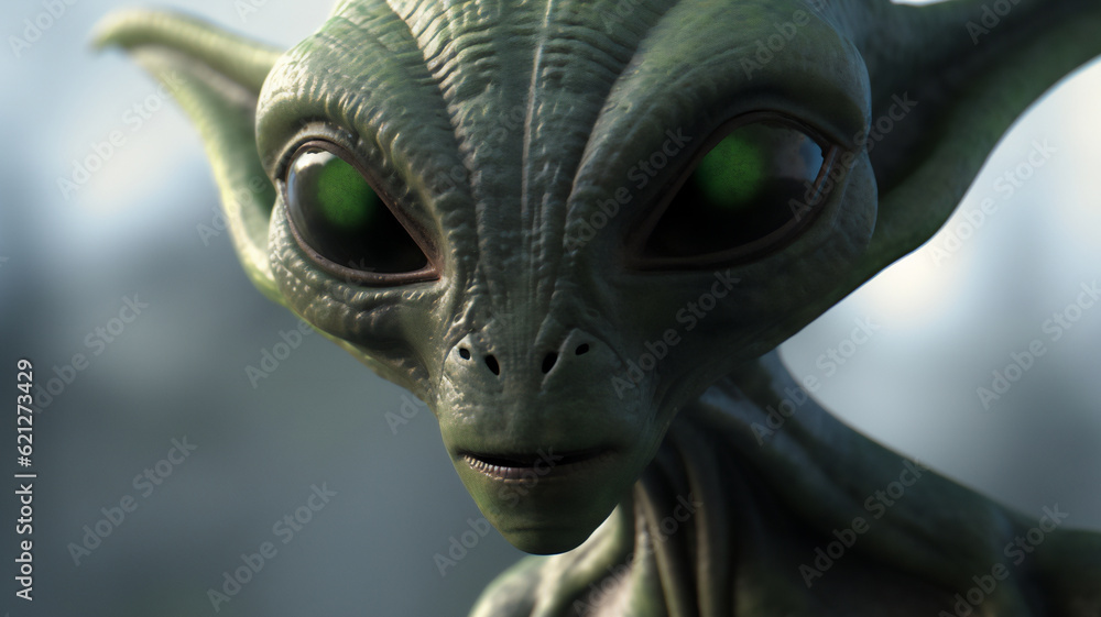 Alien or little green man portrait which is an extra-terrestrial creature from outer space arriving on a UFO spaceship and often used as a Halloween subject, computer Generative AI stock illustration 