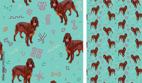 Abstract ethnic pattern with Irish setter on a turquoise background, juneteenth seamless pattern with hand-drawn lines. Summer seamless pattern with dogs and abstract colorful shapes. Wild cartoon set