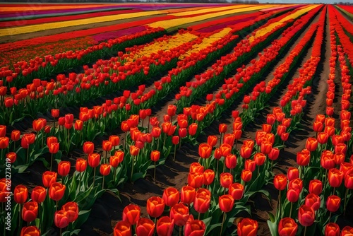 A colorful field of tulips with a windmill in the distance