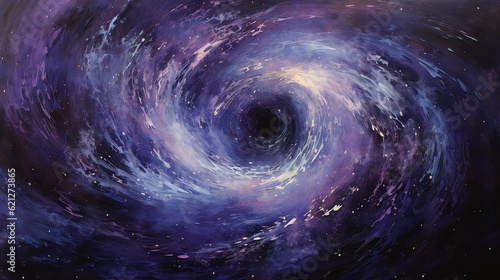 An abstract painting of a black hole, representing the breakthroughs in astrophysics, deep blues and purples, starry background, brushstroke textures