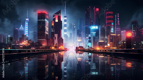 Cyberpunk cityscape  hyper - futuristic commercial district  neon lights  flying cars  skyscrapers with digital billboards  rainy  reflective surfaces  night time