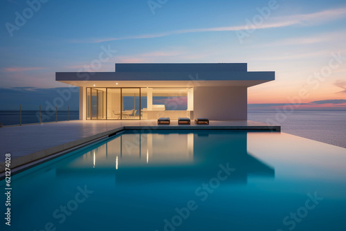 Modernist beachfront villa, pristine white walls, contrasting with azure sea, infinity pool in foreground, golden sunset lighting, minimalistic architecture
