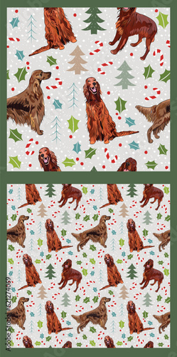 Seamless setter dogs pattern, winter Happy Christmas texture.Square format, t-shirt, poster, packaging, textile, socks, textile, fabric, decoration, wrapping paper.Trendy hand-drawn Irish setter breed