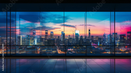 Ultra - wide panoramic view of a modern glass skyscraper reflecting the sunset, silhouette of the cityscape in the backdrop, neon city lights illuminating