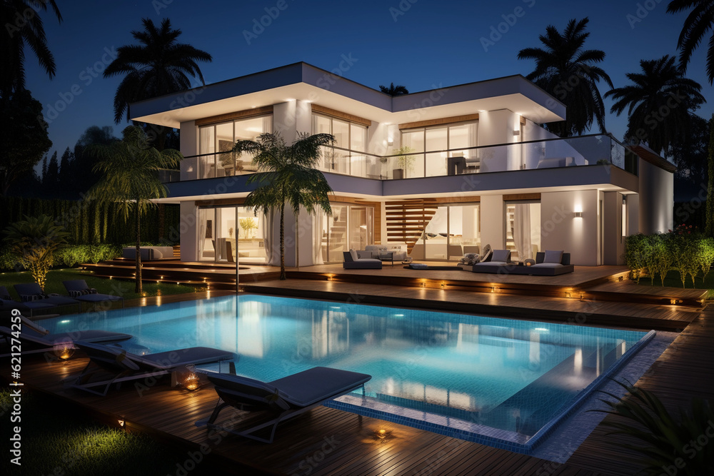 Abstract, three - dimensional view of a luxurious residential villa with minimal design, surrounded by a landscaped garden and a pool, matte finishes, night view, ambient lighting