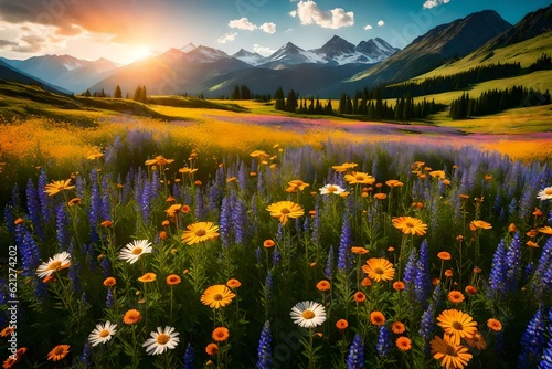 A colorful field of wildflowers with a mountain backdrop
