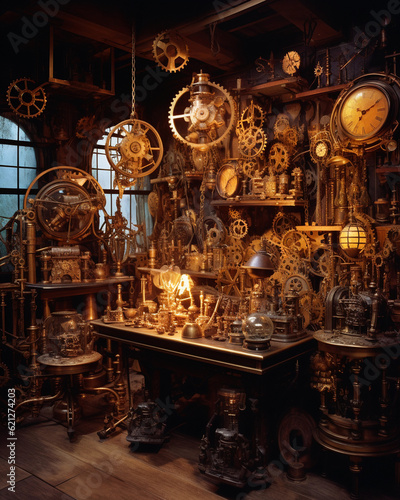 A steampunk - inspired inventor's workshop, filled with gears, cogs, and imaginative contraptions, warm candlelight