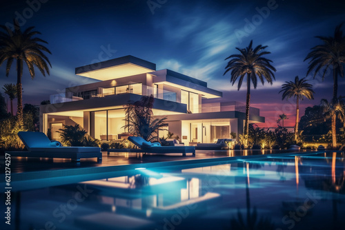 Abstract, three - dimensional view of a luxurious residential villa with minimal design, surrounded by a landscaped garden and a pool, matte finishes, night view, ambient lighting © Marco Attano