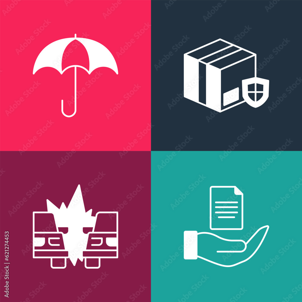 Set pop art Contract in hand, Car accident, Delivery security with shield and Umbrella icon. Vector Set pop art Contract in hand, Car accident, Delivery security with shield and Umbrella icon. Vector