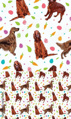 Happy Easter seamless pattern with flowers, leaves, carrot, eggs and Irish setter dog, seasonal design background. Holiday present, spring fresh design, pastel colors, flat style. Colorful, motley.