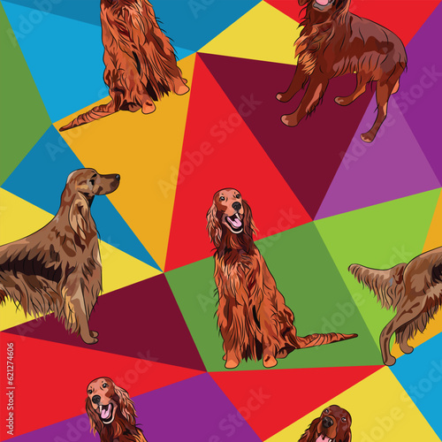 Irish setter dog on a mosaic geometric background. Funky, colorful vibe, rainbow colors palette. Simple, clean, modern texture. Geometric, polygon style. Summer seamless pattern with dogs, funky style