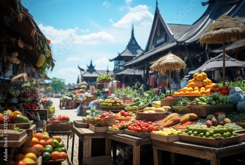 Market on a sunny day with many different fruits