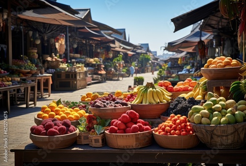 Market on a sunny day with many different fruits