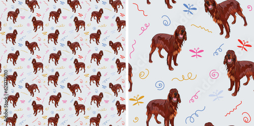 Seamless dog pattern, holiday texture. light background, colorful abstract elements. Packaging, textile, textile, fabric, decoration, wrapping paper. Hand-drawn Irish setter breed wallpaper. Funny set