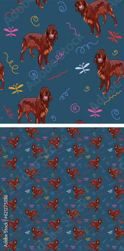 Seamless Irish setter dogs pattern with swirls, butterflies, swirls. holiday texture. Square format, t-shirt, poster, packaging, textile, textile, fabric, decoration, wrapping paper. art wallpaper.
