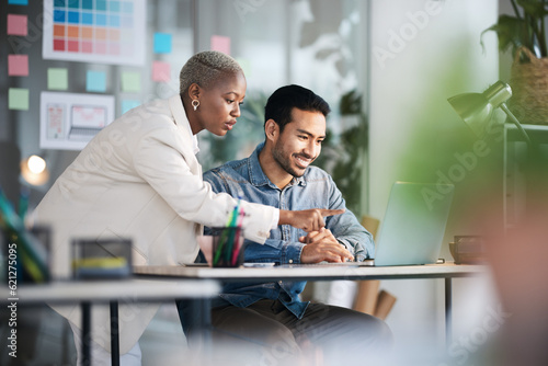 Photos Office laptop, diversity teamwork and happy people review media application layout, creative design or research project