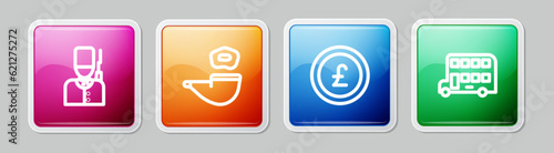 Set line British soldier, Smoking pipe, Coin money with pound and Double decker bus. Colorful square button. Vector