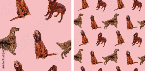 Irish setter dog holiday wallpaper. Pets square background, repeatable pink plain pattern, print tiles. Seamless pattern with dogs in a sitting and standing pose. Summer background with pets.