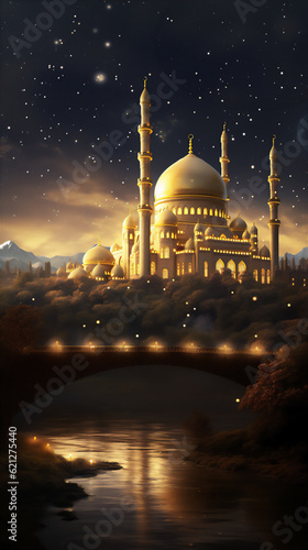 Beautiful Mosque illustration at the starry and moon light, Created using generative AI tools