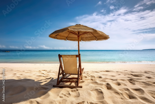 Beach chairs on the white sand beach with cloudy blue sky and sun © pariketan