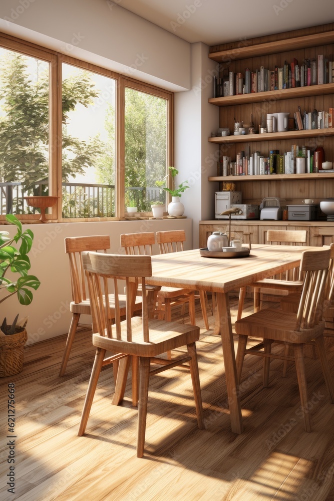 The wooden chairs surround a natural wood dining table. (Illustration, Generative AI)