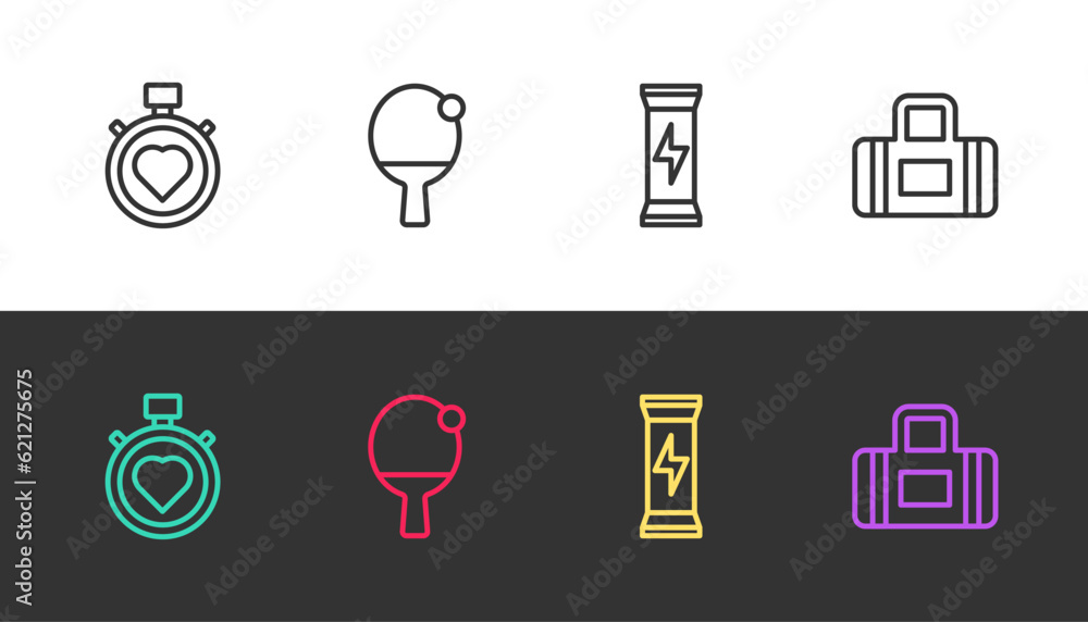 Set line Heart in the center stopwatch, Racket and ball, Sports nutrition and bag on black and white. Vector Set line Heart in the center stopwatch, Racket and ball, Sports nutrition and bag on black and white. Vector
