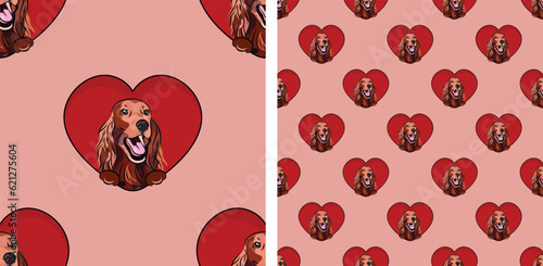 Pattern with Irish setter dog with paws, Valentine's day wallpaper with hearts. Pet head holiday love texture. Dog face holding Heart, cartoon square background. St Valentine's day present, card.