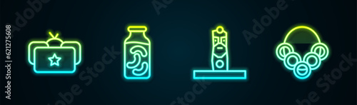 Set line Ushanka, Pickled cucumbers in jar, Slavic pagan idol and Russian bagels. Glowing neon icon. Vector