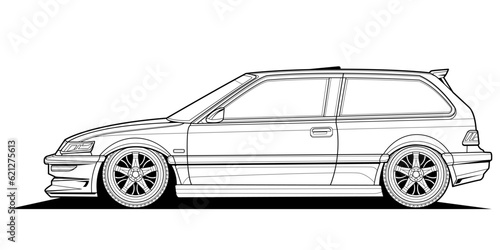 Coloring book page for adult drawing. Paper. Car with outlines. Vector illustration vehicle Graphic element. Wheel. Black contour sketch illustrate Isolated on white background.