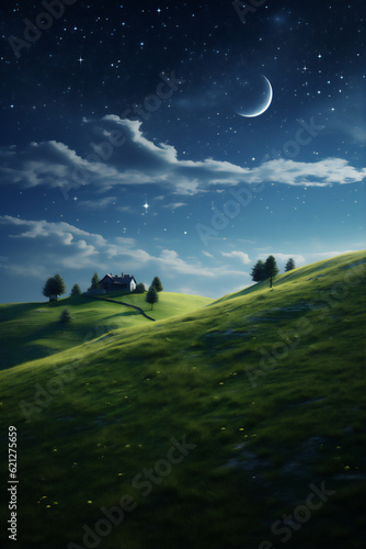 landscape of meadow hill in the night with moon  create using generative AI tools