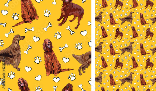 Irish setter dog on a playful yellow background with bones and paws. Funky, colorful vibe, vibrant palette. Simple, clean, modern texture. Summer seamless pattern with dogs. Birthday present. Love.