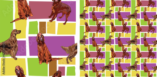 Irish setter dog summer bright wallpaper. Holiday abstract shapes square seamless mosaic, repeatable pattern. Birthday wallpaper, Christmas present, print tiles. Simple Violet puzzle with dogs, pets.
