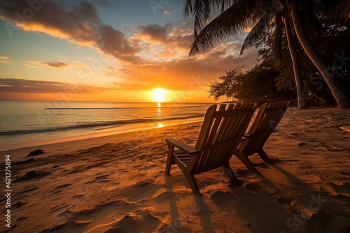 Beach chairs on the white sand beach at sunrise