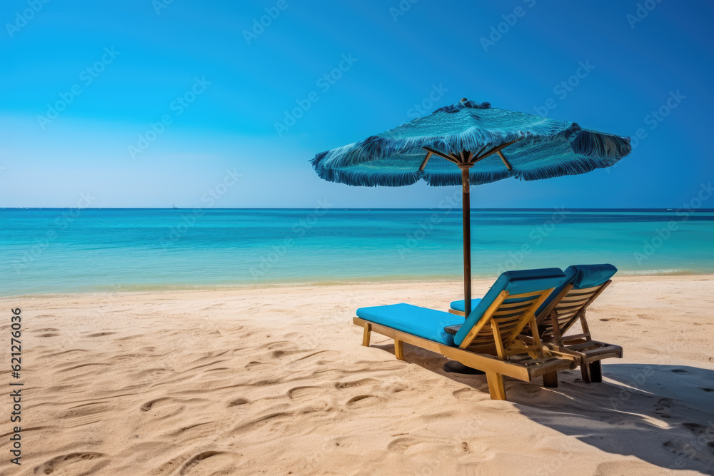 Beach chairs on the white sand beach in the tropics