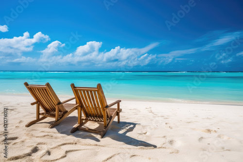 Beach chairs on the white sand beach in the tropics © pariketan