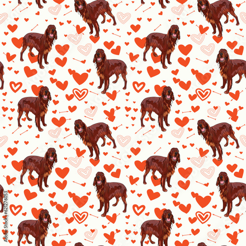 Irish setter dog Valentine's day bright heart wallpaper. Love doodles hearts holiday square background, repeatable pattern. St Valentine's day wallpaper, Valentine's present, print tiles. Pastel color