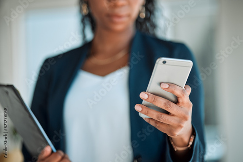 Phone, search and woman accountant typing an email or online message on a mobile app, web or website connection. Finance, profit and corporate person writing a social media update for a company