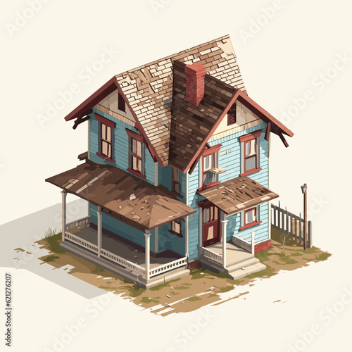 old broken house isometric vector flat isolated illustration