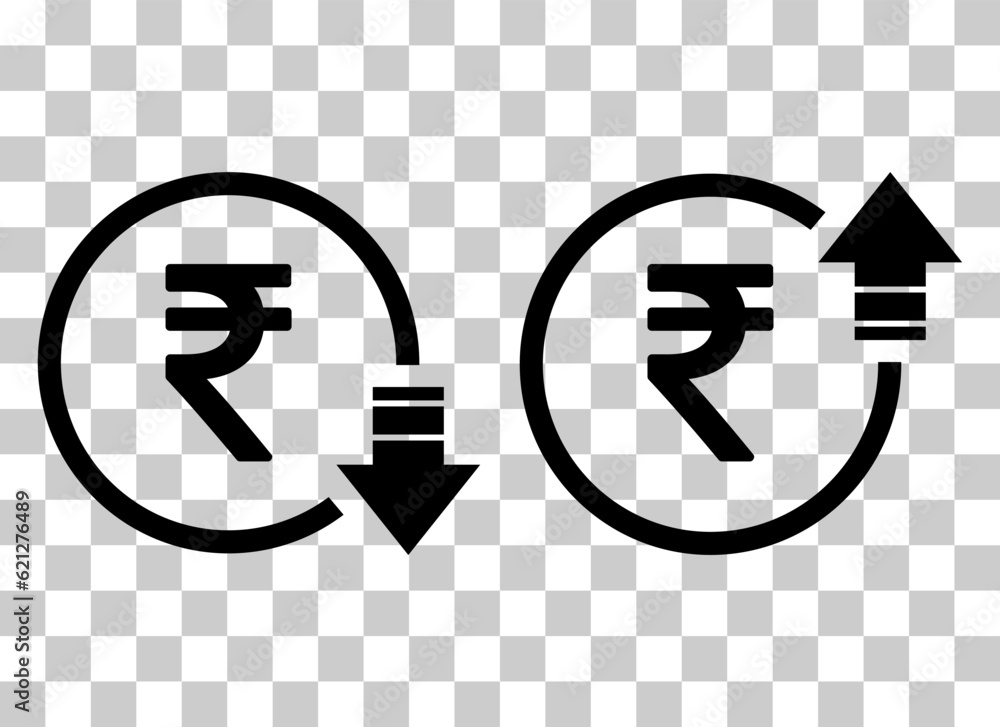 Set of cost symbol rupee increase and decrease icon. Money vector ...